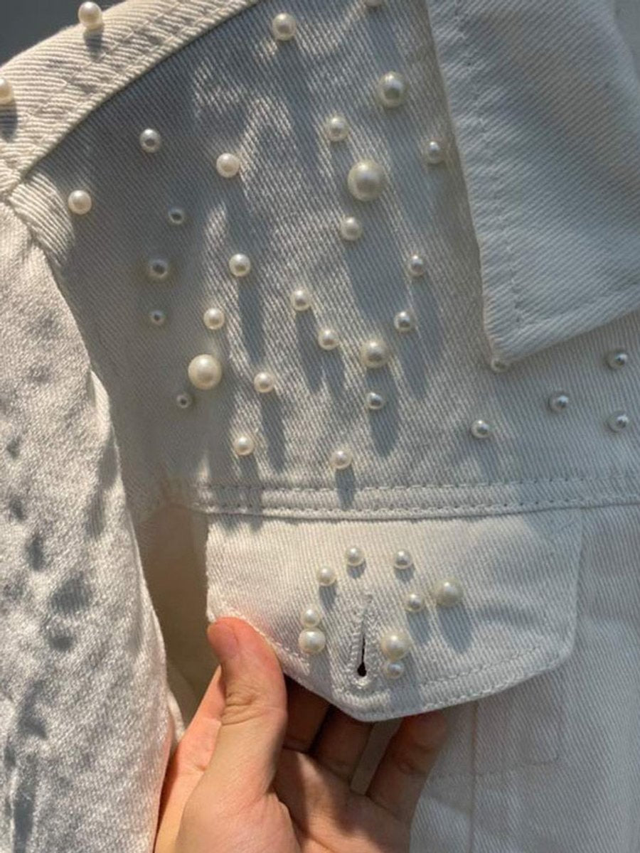 Women's Pearl-Embellished Button-Up Denim Jacket