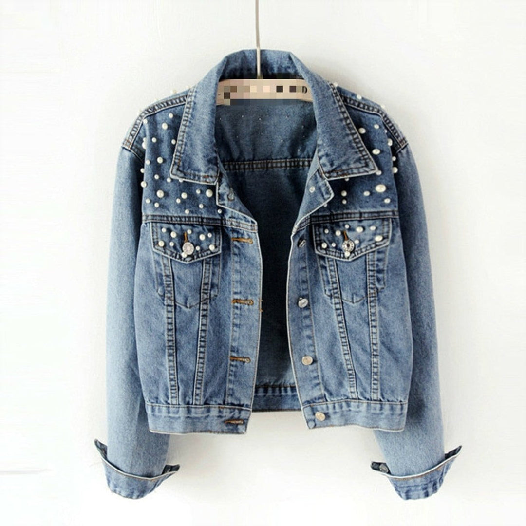 Women's Pearl-Embellished Button-Up Denim Jacket
