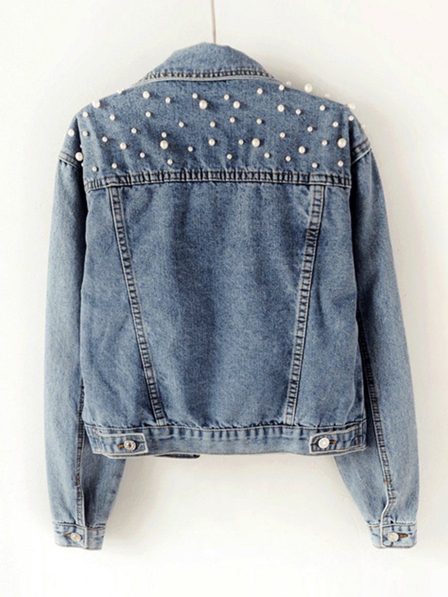Women's Pearl-Embellished Light Wash Denim Jacket