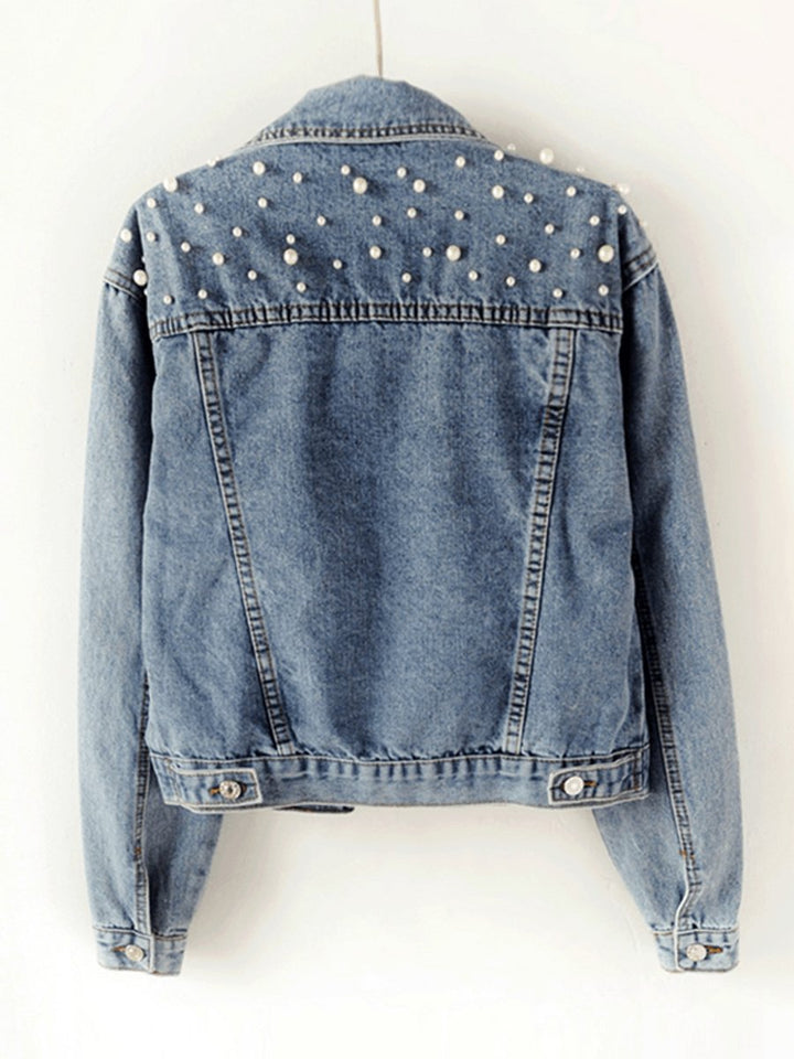 Women's Pearl-Embellished Light Wash Denim Jacket