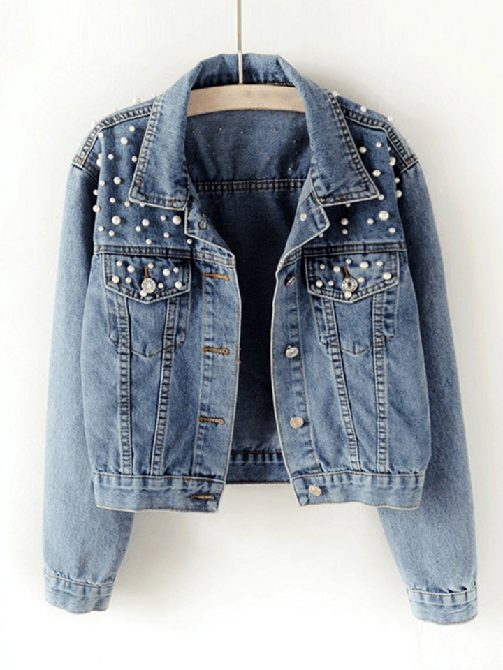 Women's Pearl-Embellished Light Wash Denim Jacket