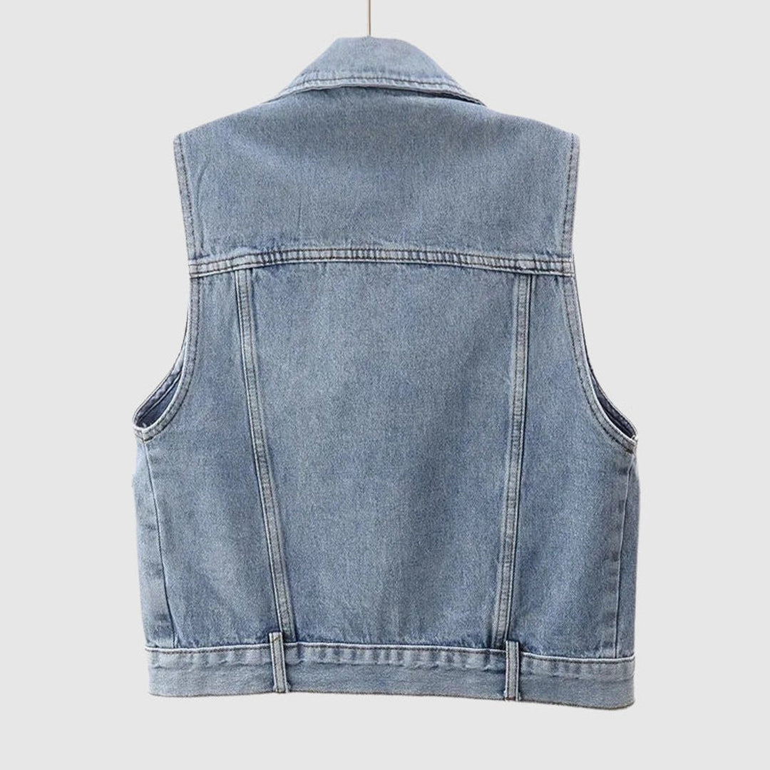 Women's Pearl-Embellished Sleeveless Cotton Denim Jacket Vest