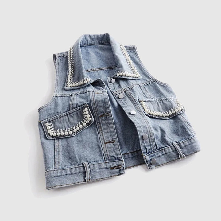Women's Pearl-Embellished Sleeveless Cotton Denim Jacket Vest