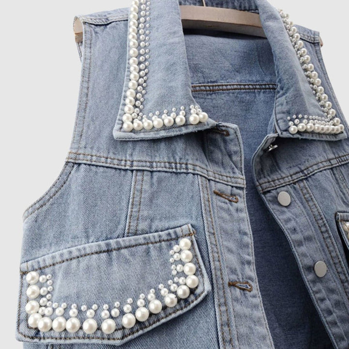 Women's Pearl-Embellished Sleeveless Cotton Denim Jacket Vest