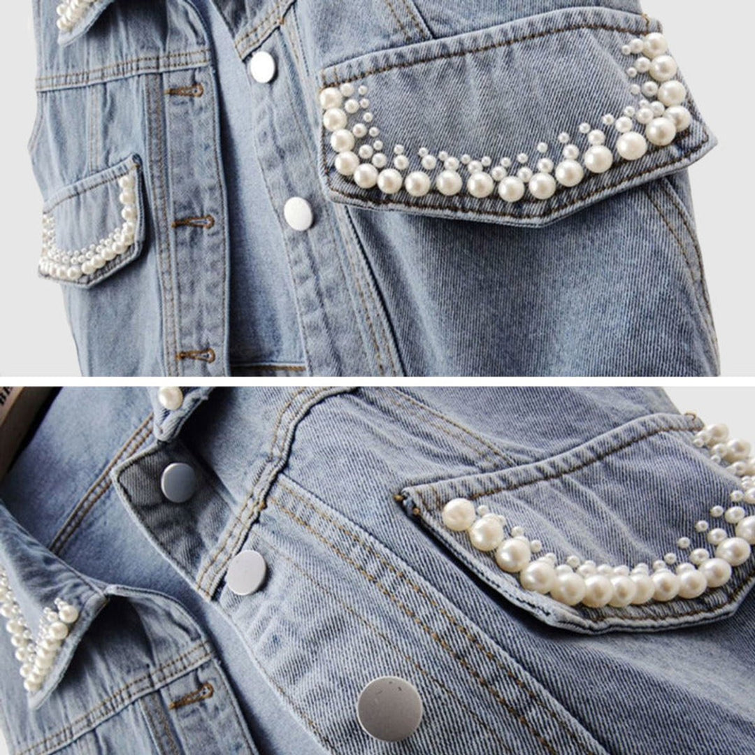 Women's Pearl-Embellished Sleeveless Cotton Denim Jacket Vest