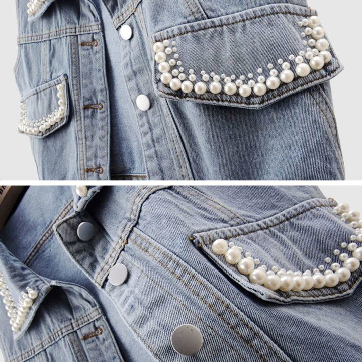 Women's Pearl-Embellished Sleeveless Cotton Denim Jacket Vest
