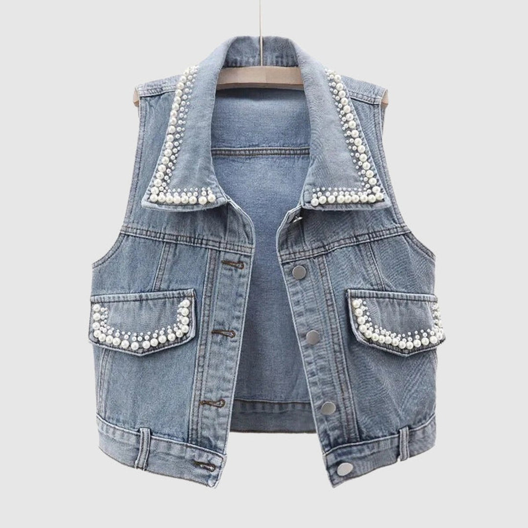 Women's Pearl-Embellished Sleeveless Cotton Denim Jacket Vest