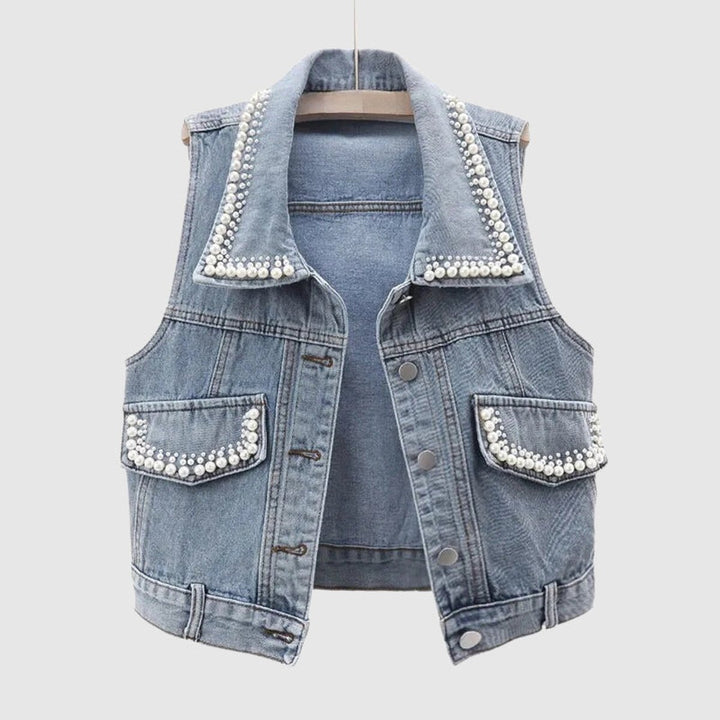 Women's Pearl-Embellished Sleeveless Cotton Denim Jacket Vest