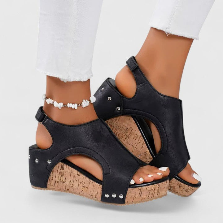 Women's Peep-Toe Cork Wedge Suede Slingback Sandals - Black