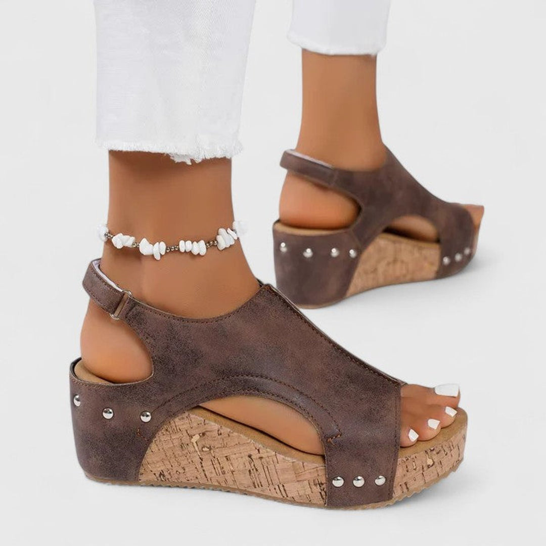 Women's Peep-Toe Cork Wedge Suede Slingback Sandals - Brown