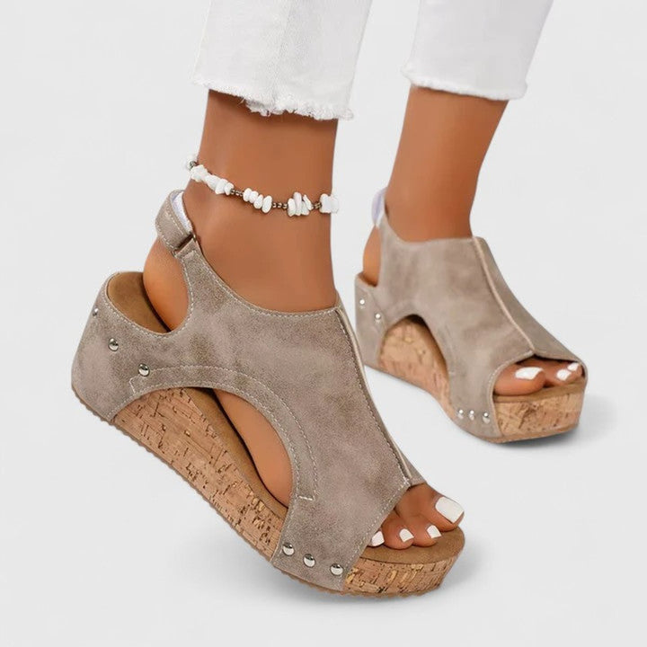 Women's Peep-Toe Cork Wedge Suede Slingback Sandals - Beige