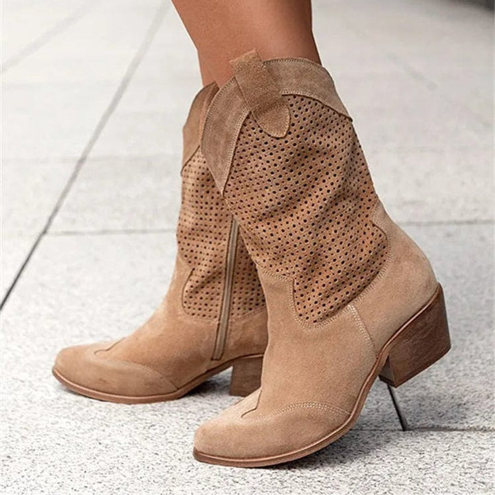 Women's Perforated Suede Western Cowboy Mid-Calf Block Heel Boots