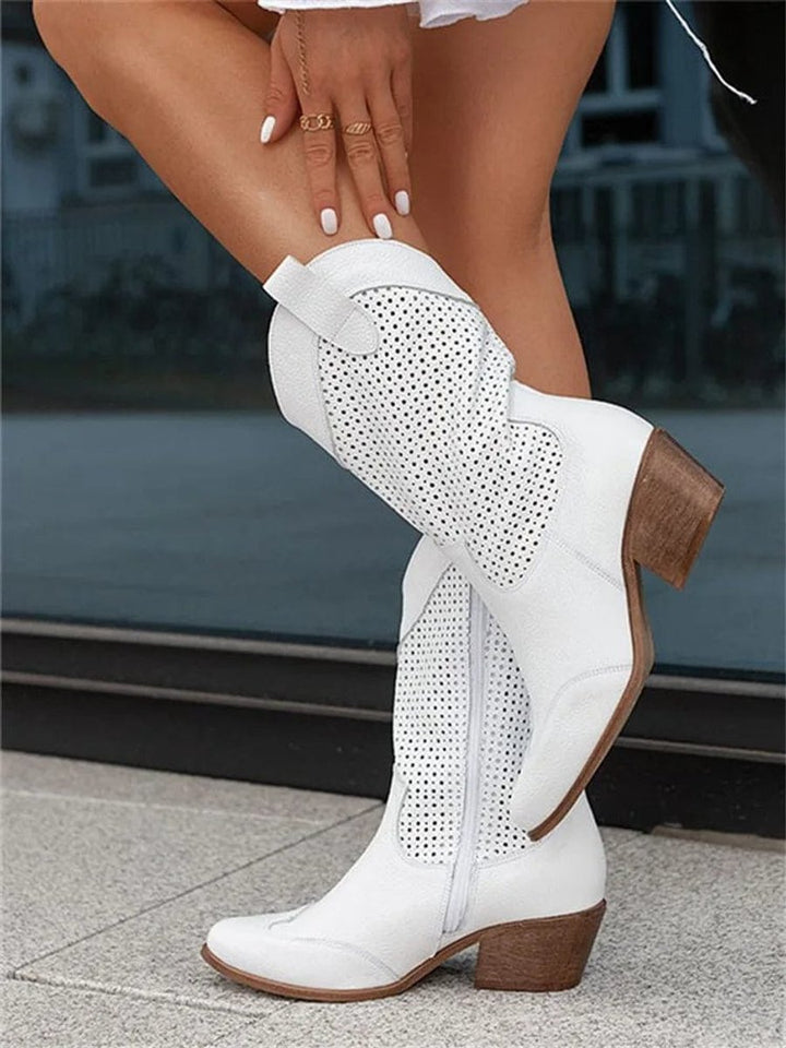 Women's Perforated Suede Western Cowboy Mid-Calf Block Heel Boots