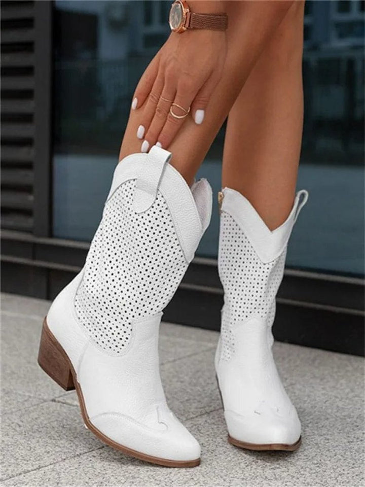 Women's Perforated Suede Western Cowboy Mid-Calf Block Heel Boots - White