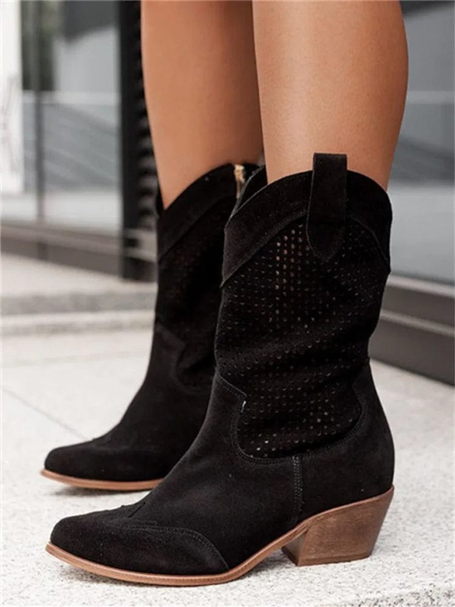 Women's Perforated Suede Western Cowboy Mid-Calf Block Heel Boots - Black