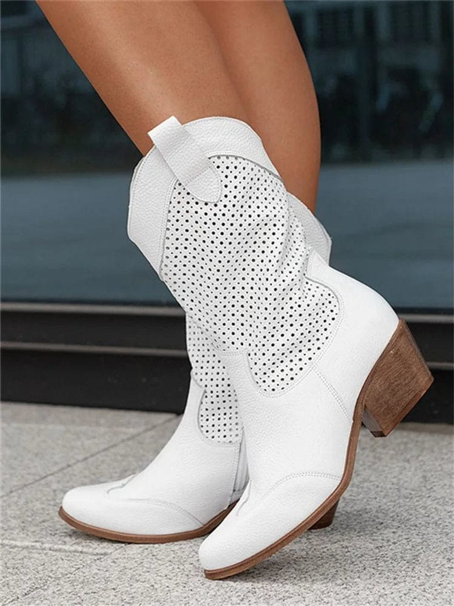 Women's Perforated Suede Western Cowboy Mid-Calf Block Heel Boots