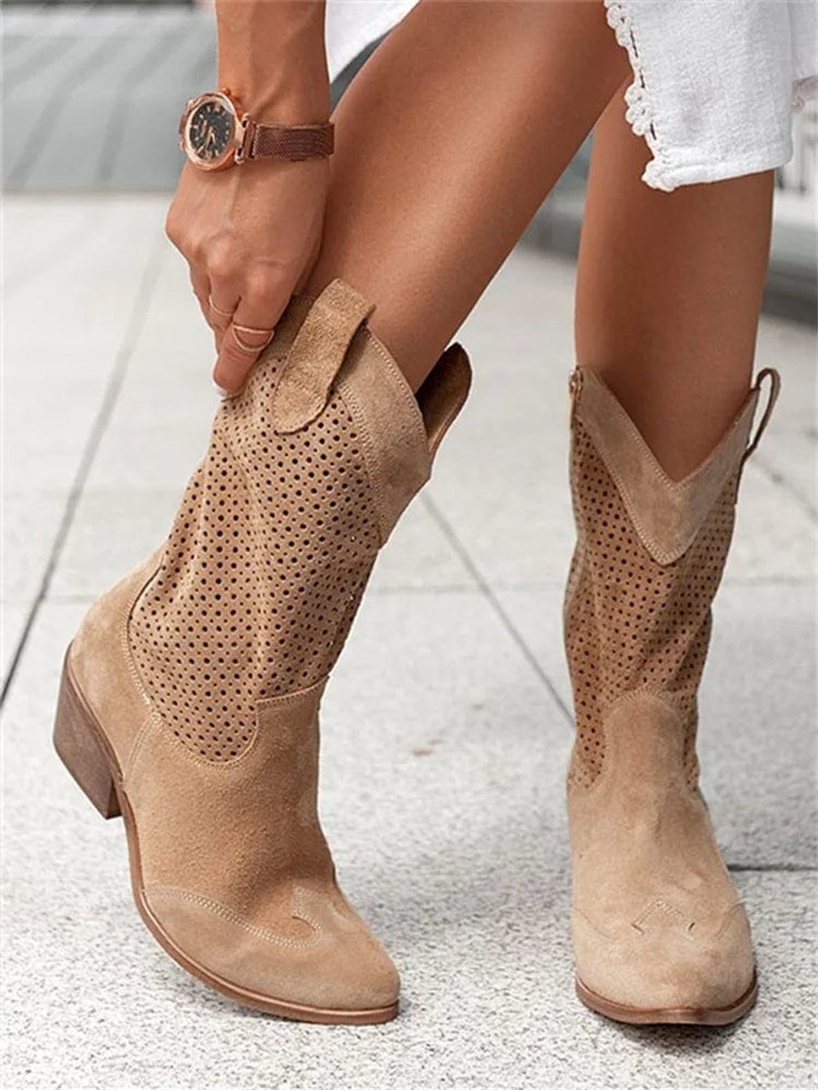 Women's Perforated Suede Western Cowboy Mid-Calf Block Heel Boots