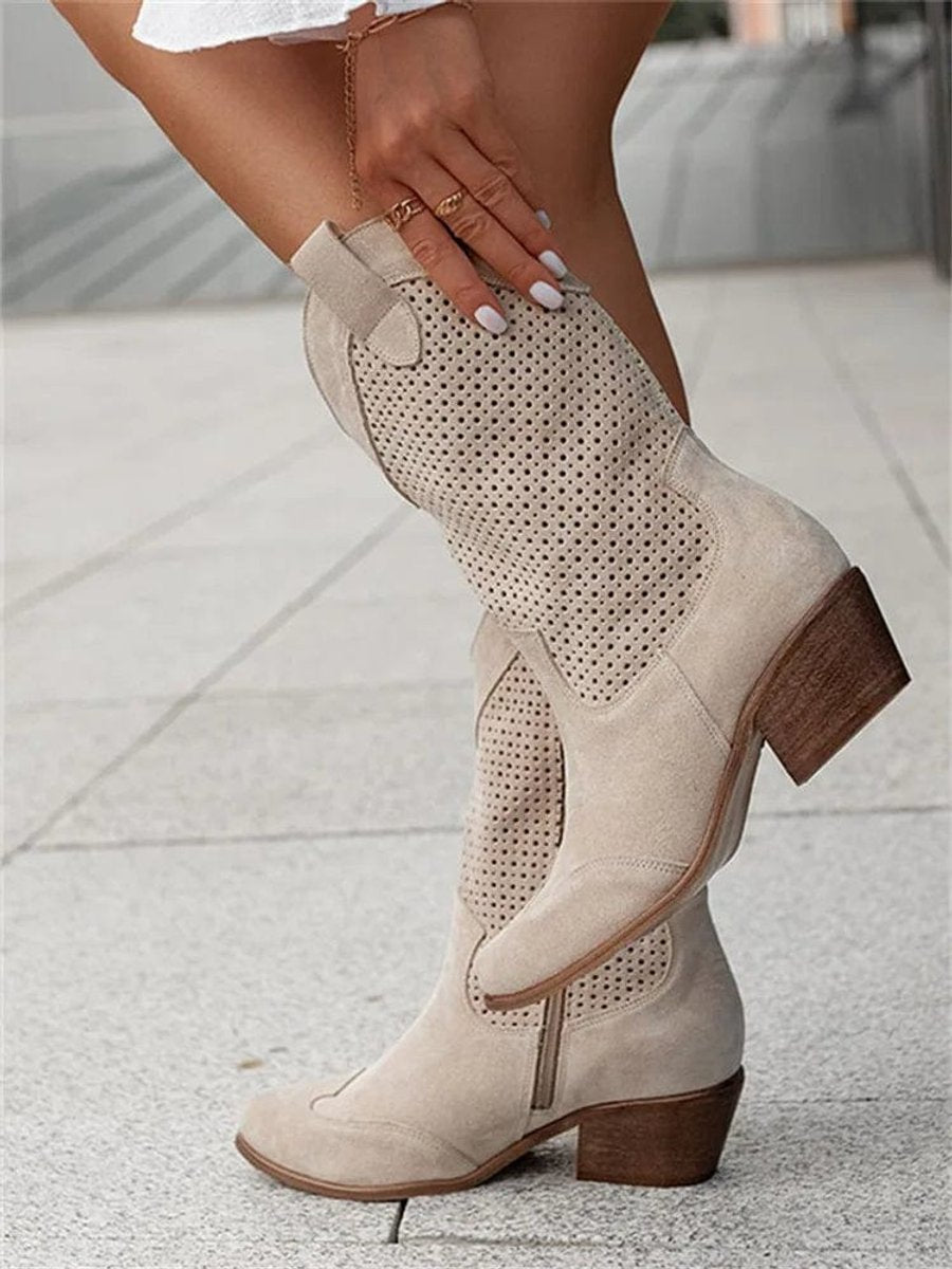 Women's Perforated Suede Western Cowboy Mid-Calf Block Heel Boots