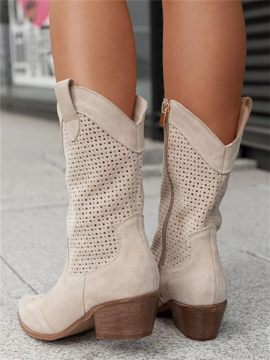 Women's Perforated Suede Western Cowboy Mid-Calf Block Heel Boots