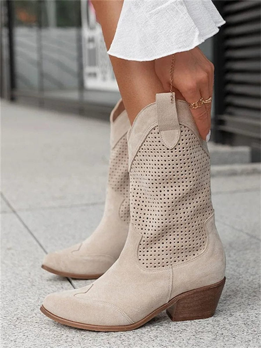 Women's Perforated Suede Western Cowboy Mid-Calf Block Heel Boots