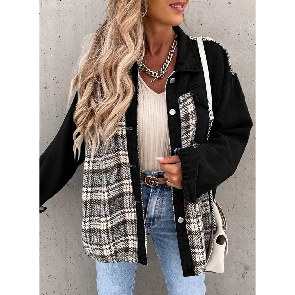 Women's Plaid Colorblock Oversized Button-Up Denim Jacket