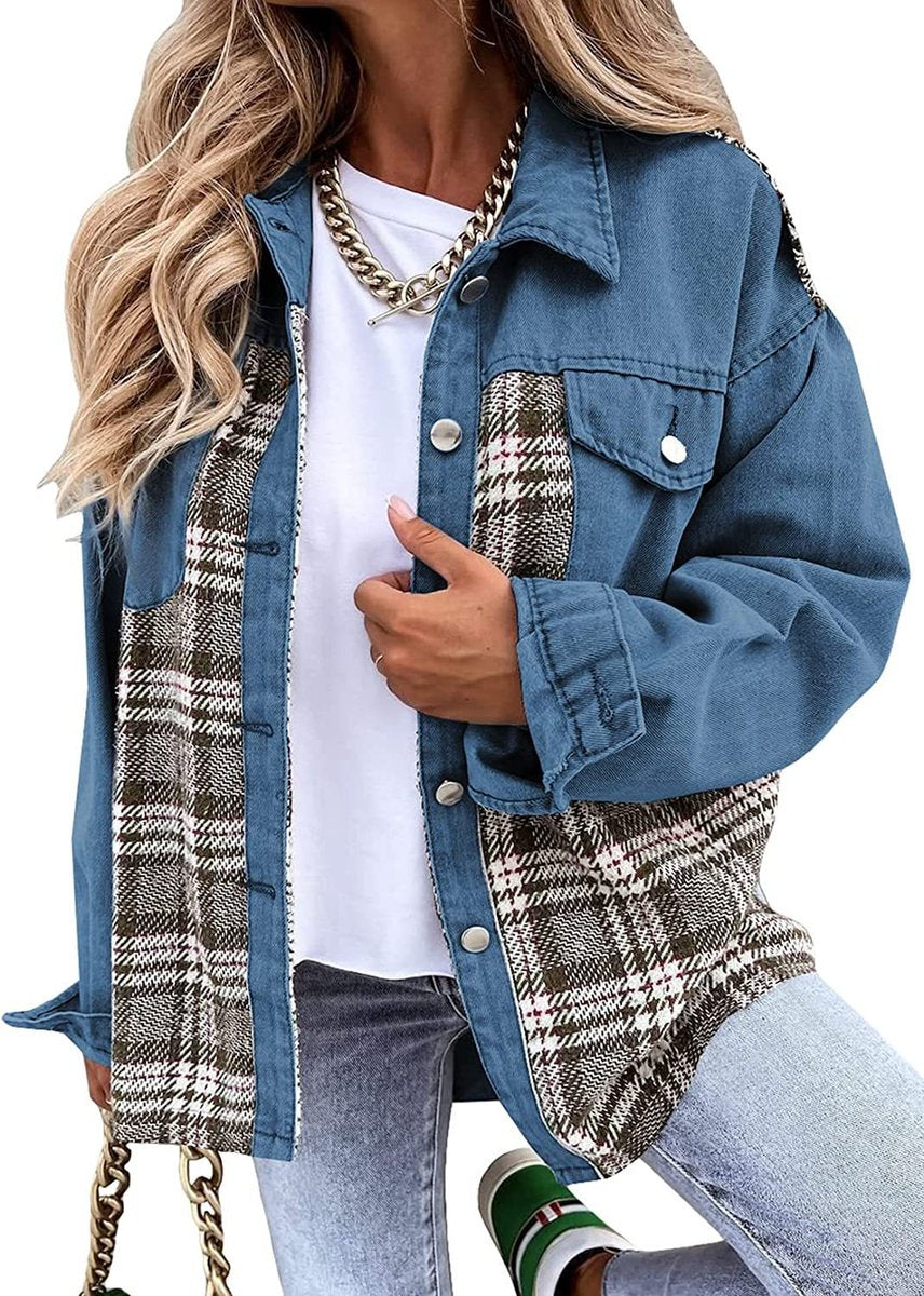 Women's Plaid Colorblock Oversized Button-Up Denim Jacket