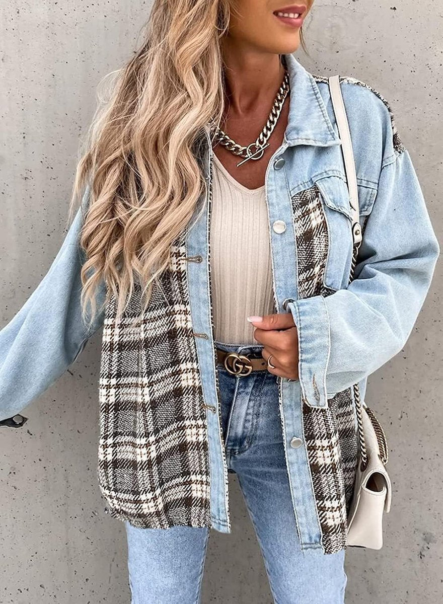 Women's Plaid Colorblock Oversized Button-Up Denim Jacket