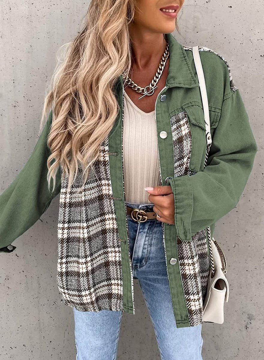 Women's Plaid Colorblock Oversized Button-Up Denim Jacket
