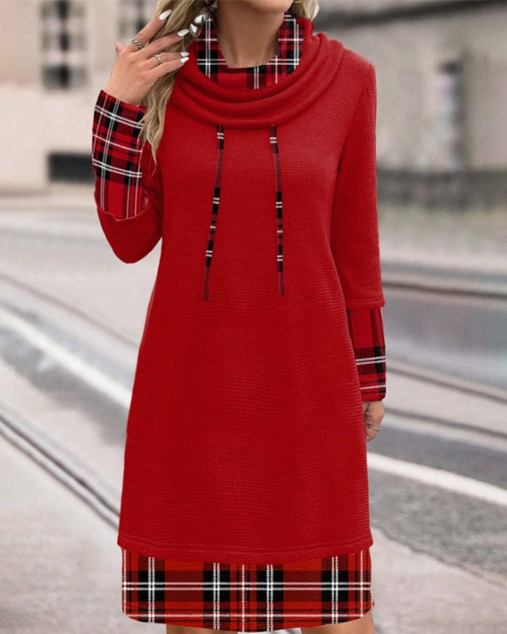 Women's Plaid Cowl-Neck Drawstring Casual Fall Midi Dress