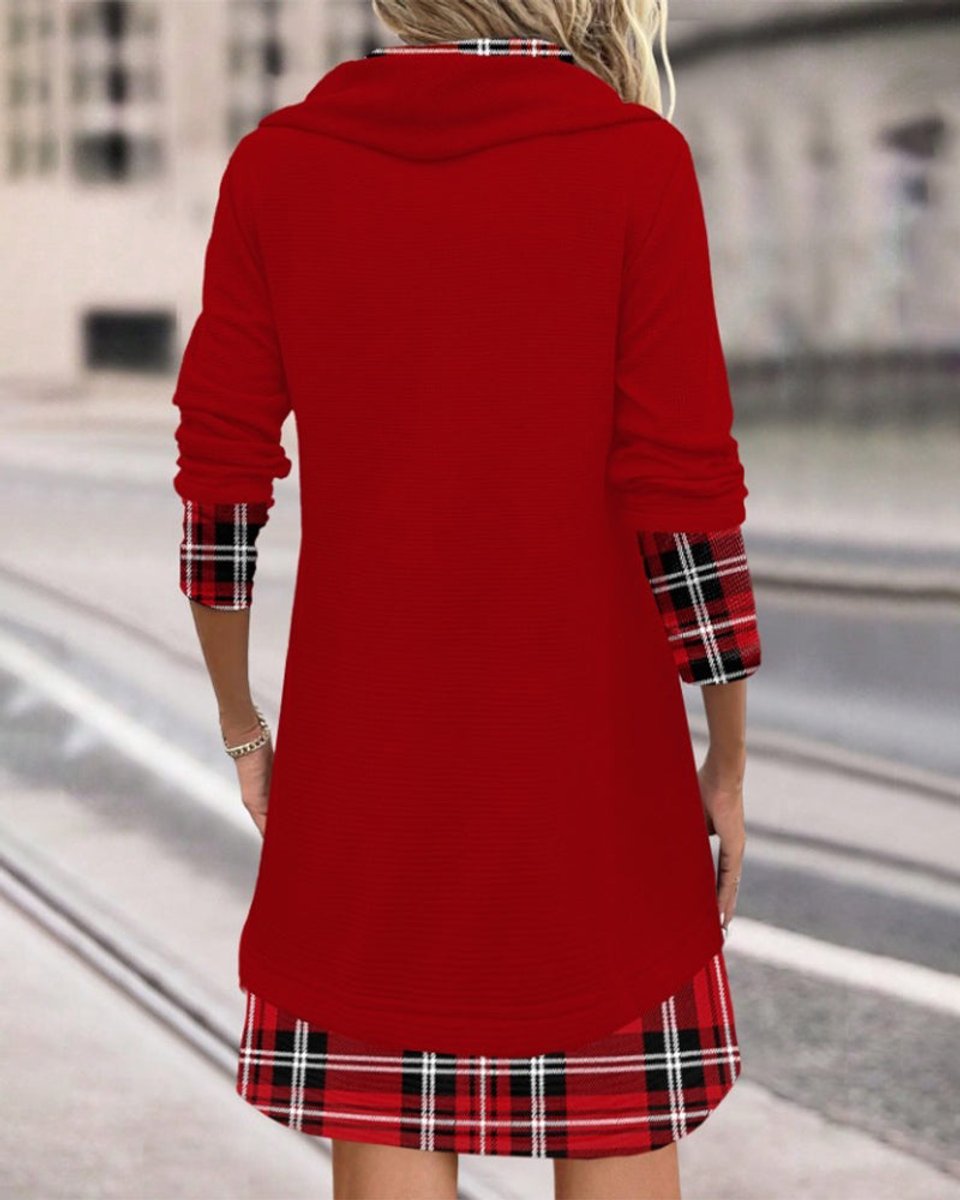 Women's Plaid Cowl-Neck Drawstring Casual Fall Midi Dress