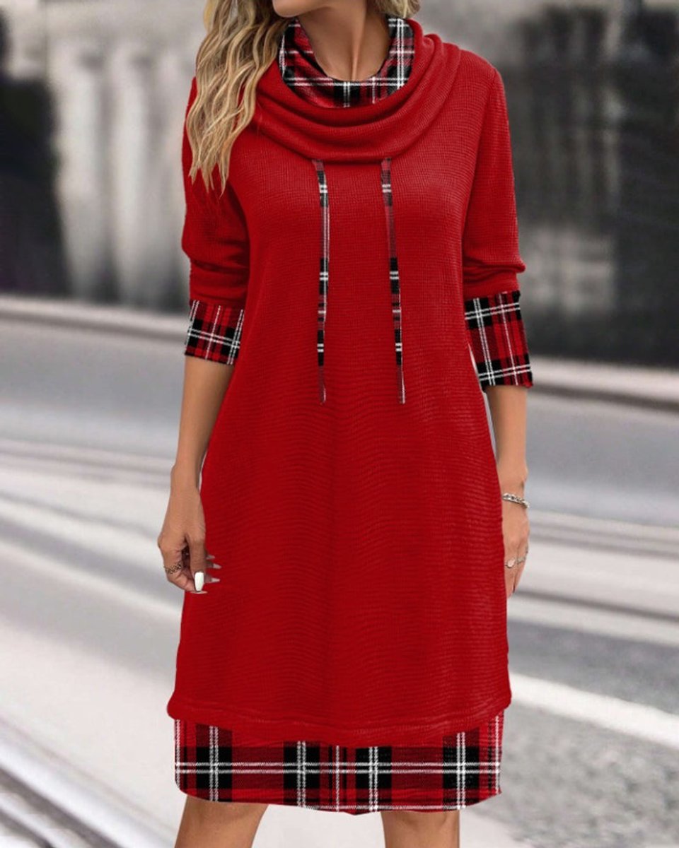 Women's Plaid Cowl-Neck Drawstring Casual Fall Midi Dress