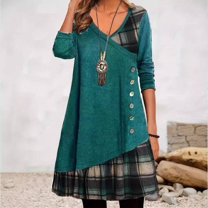 Women's Plaid Cowl-Neck Drawstring Casual Fall Midi Dress