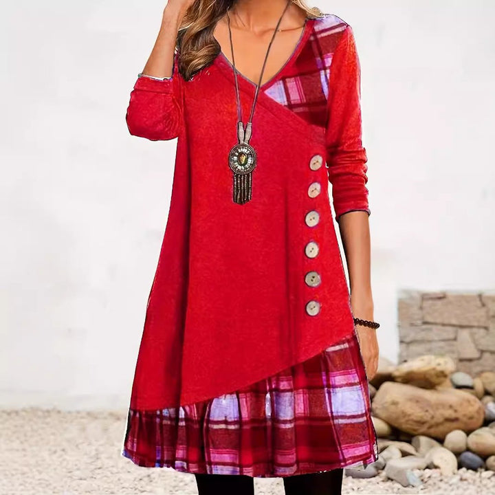 Women's Plaid Cowl-Neck Drawstring Casual Fall Midi Dress