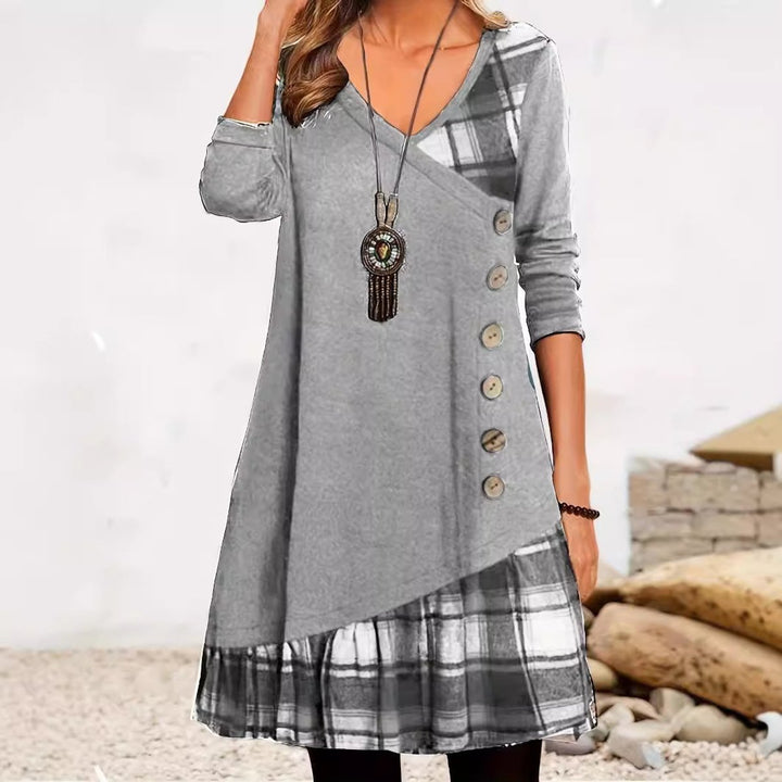 Women's Plaid Cowl-Neck Drawstring Casual Fall Midi Dress