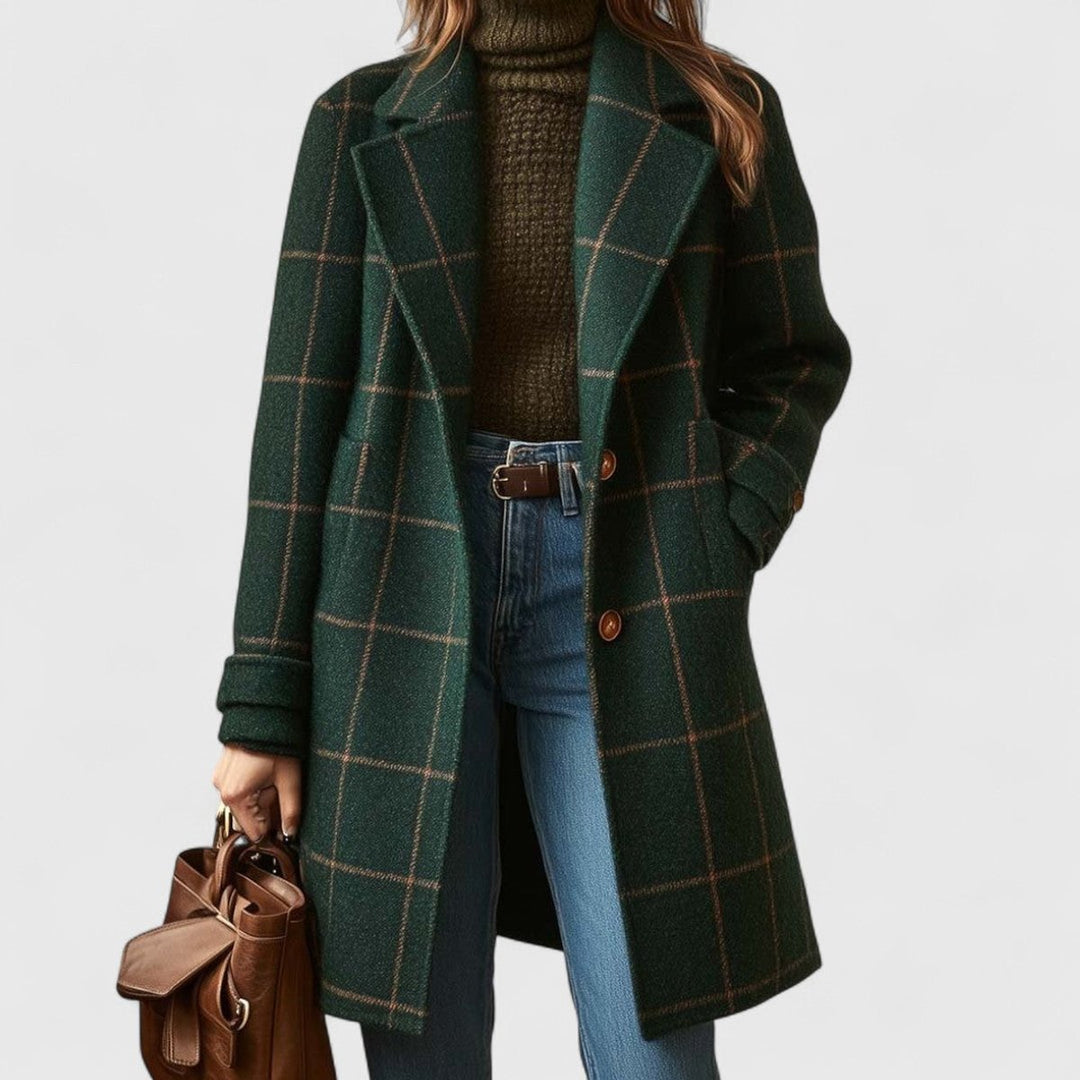 Women's Plaid Double-Breasted Long Wool-Blend Coat