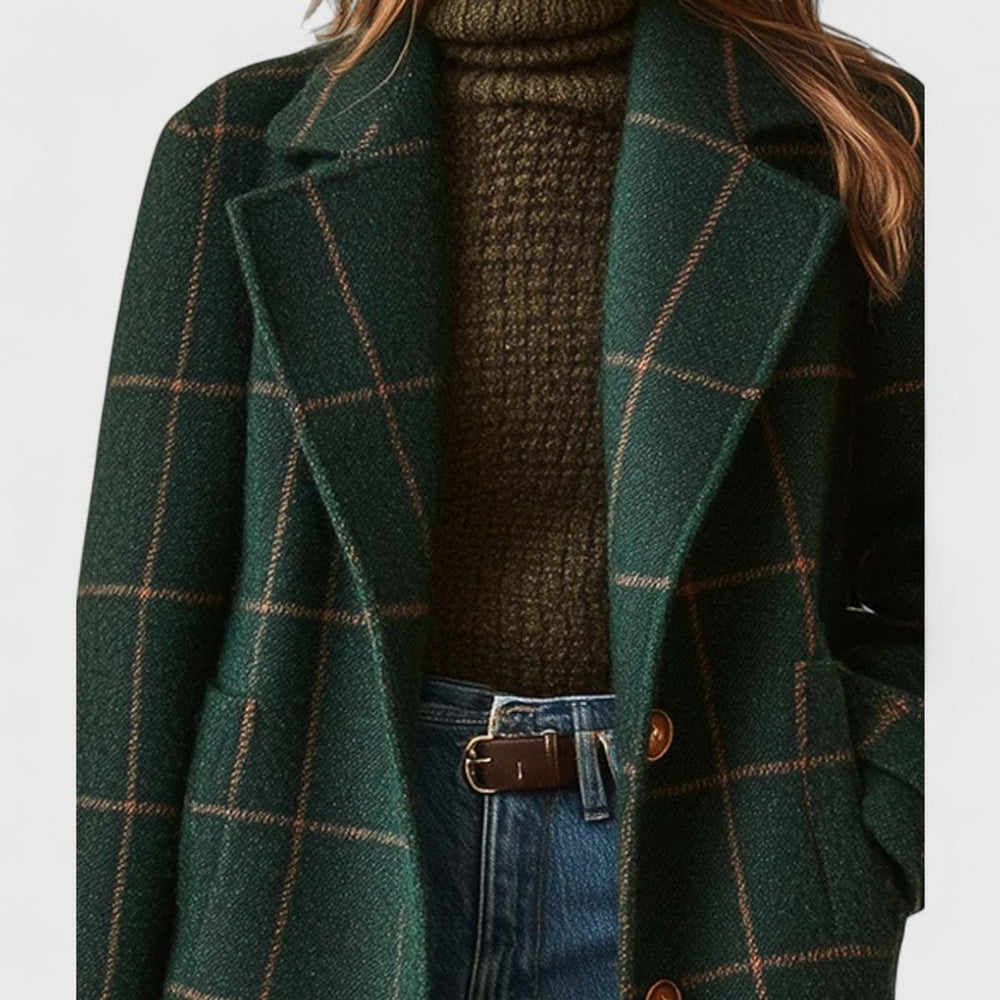 Women's Plaid Double-Breasted Long Wool-Blend Coat