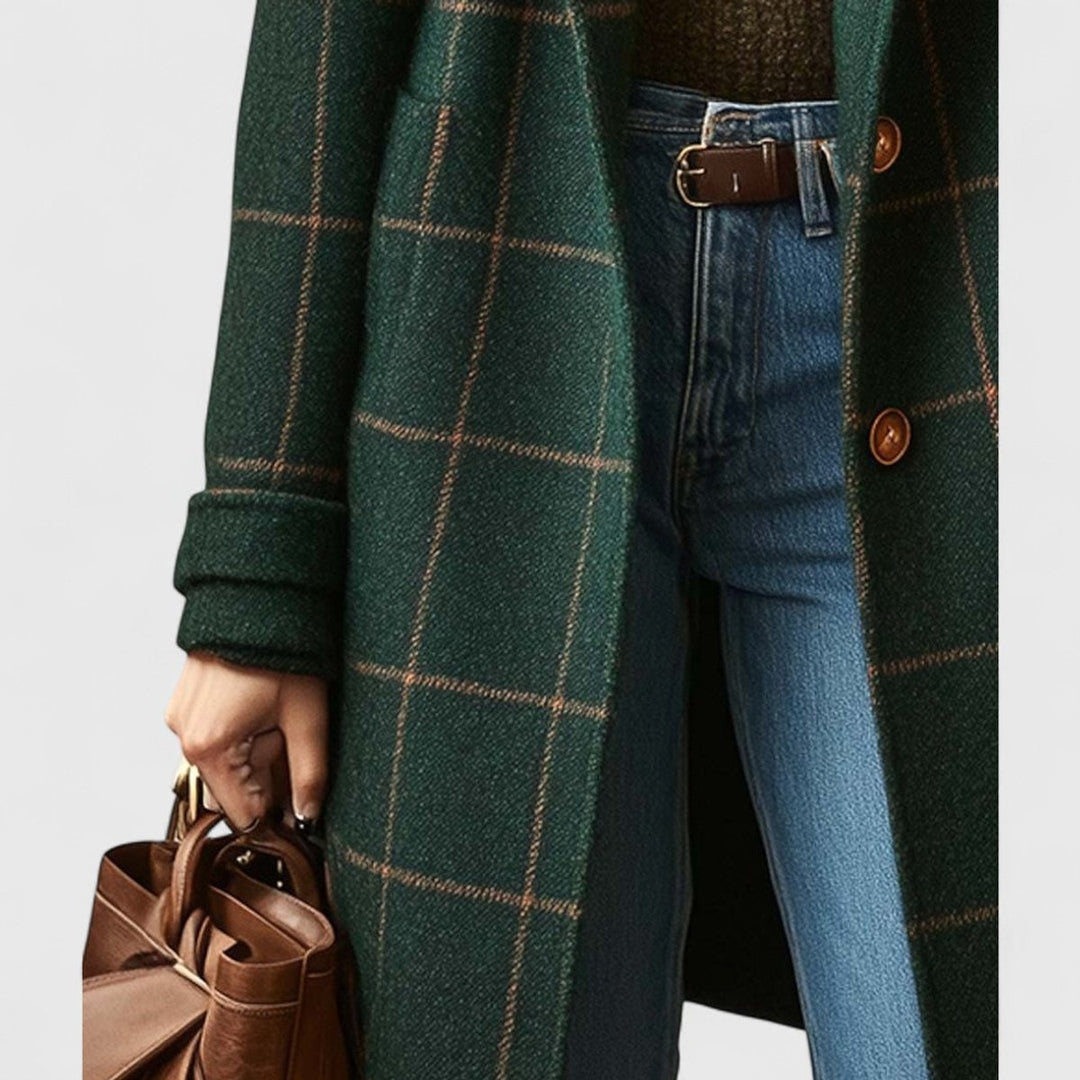 Women's Plaid Double-Breasted Long Wool-Blend Coat