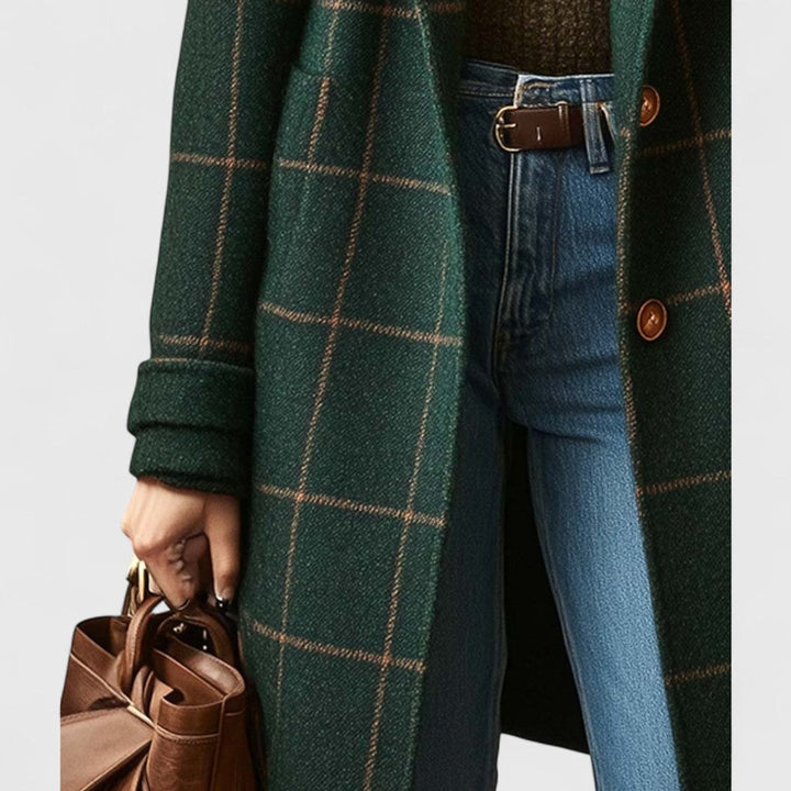 Women's Plaid Double-Breasted Long Wool-Blend Coat