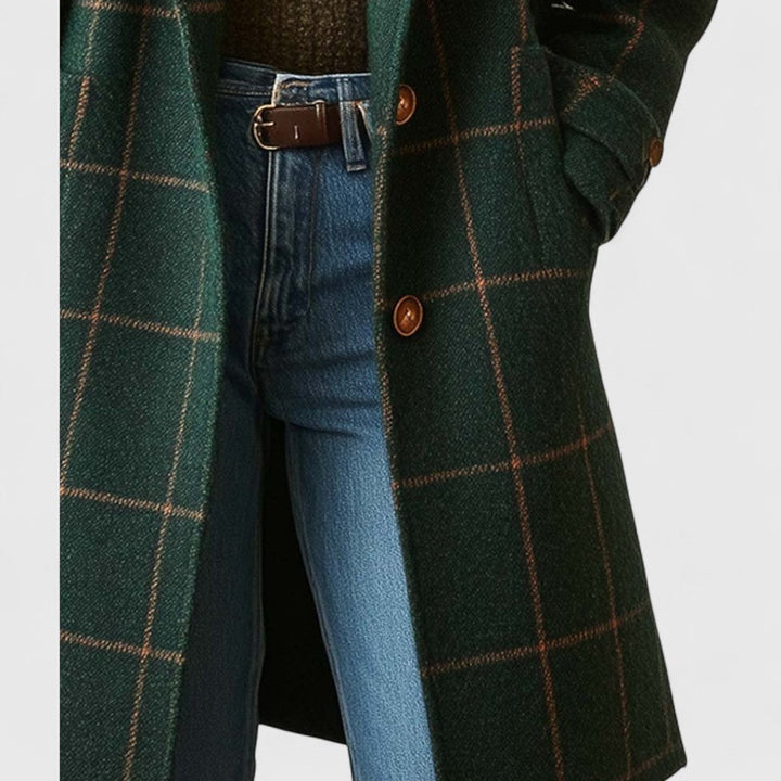 Women's Plaid Double-Breasted Long Wool-Blend Coat