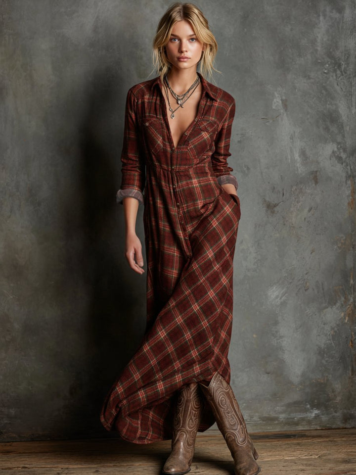 Women's Plaid Flannel Long Sleeve Fall Dress Maxi Shirt Dress - Red