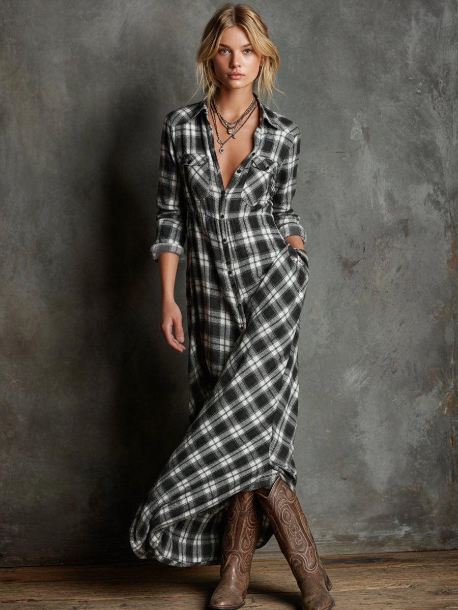Women's Plaid Flannel Long Sleeve Fall Dress Maxi Shirt Dress - Black