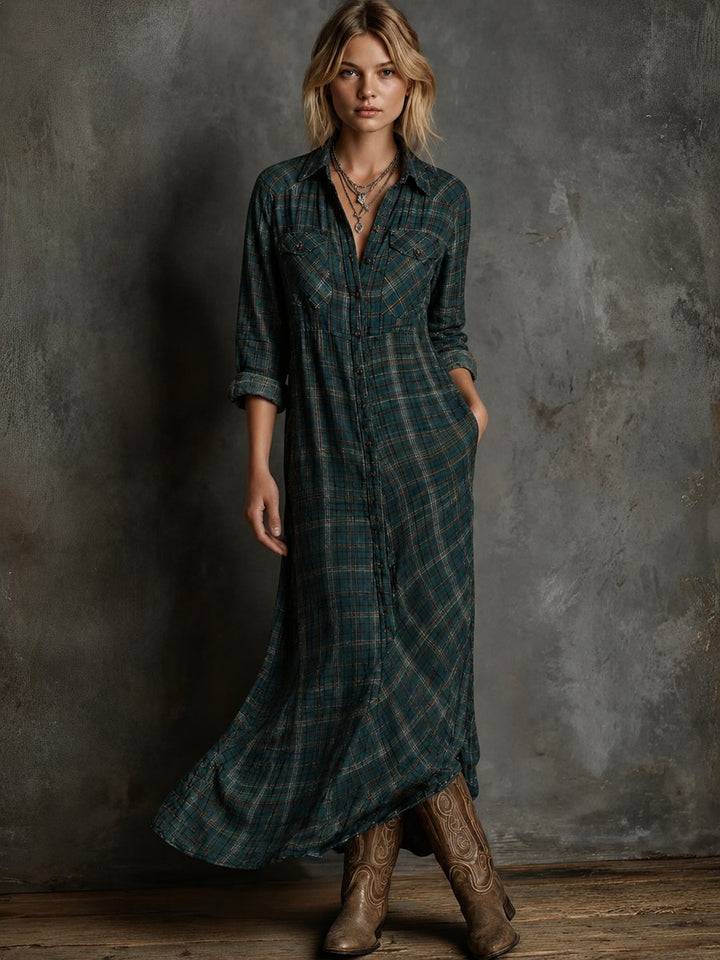 Women's Plaid Flannel Long Sleeve Fall Dress Maxi Shirt Dress - Green