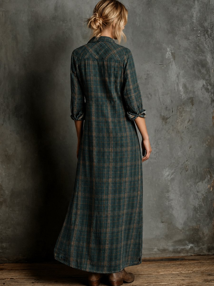 Women's Plaid Flannel Long Sleeve Fall Dress Maxi Shirt Dress