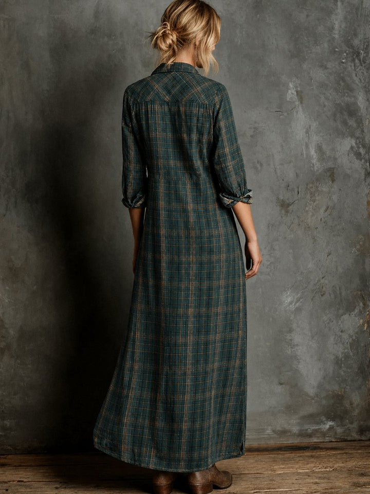 Women's Plaid Flannel Long Sleeve Fall Dress Maxi Shirt Dress