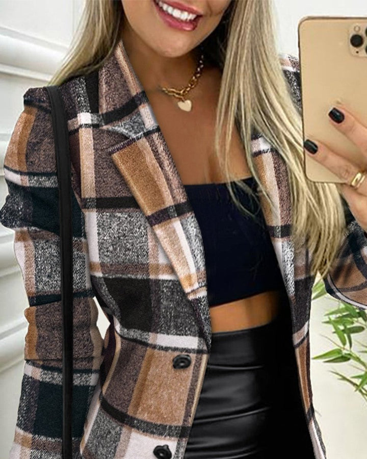 Women's Plaid Long-Sleeve Button-Front Blazer Jacket