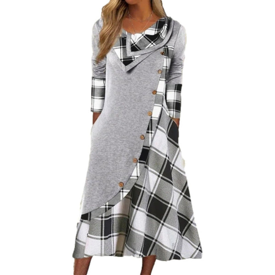 Women's Plaid Long Sleeve Cowl Neck Fall Midi Dress Pockets