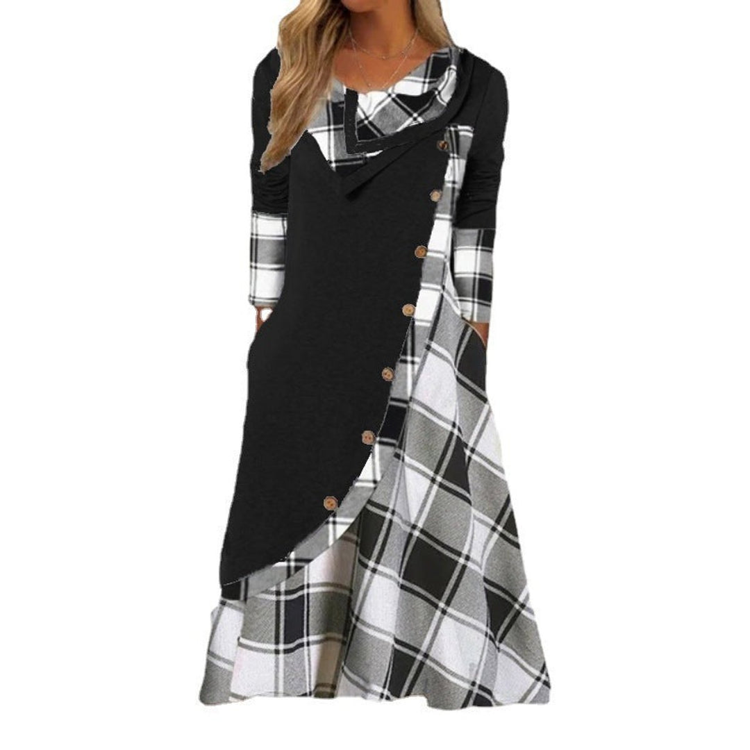 Women's Plaid Long Sleeve Cowl Neck Fall Midi Dress Pockets