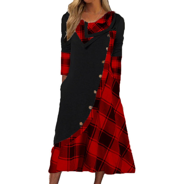 Women's Plaid Long Sleeve Cowl Neck Fall Midi Dress Pockets