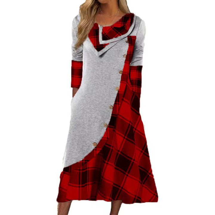 Women's Plaid Long Sleeve Cowl Neck Fall Midi Dress Pockets