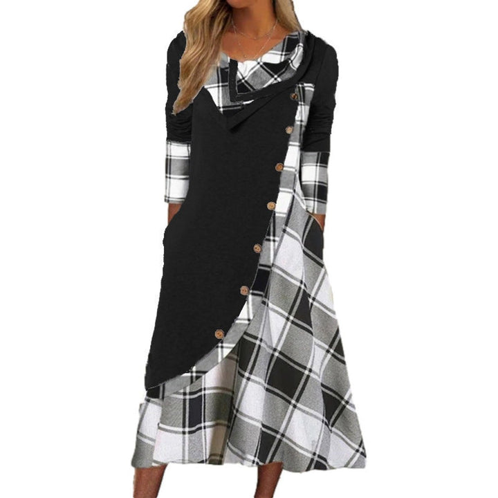 Women's Plaid Long Sleeve Cowl Neck Fall Midi Dress Pockets